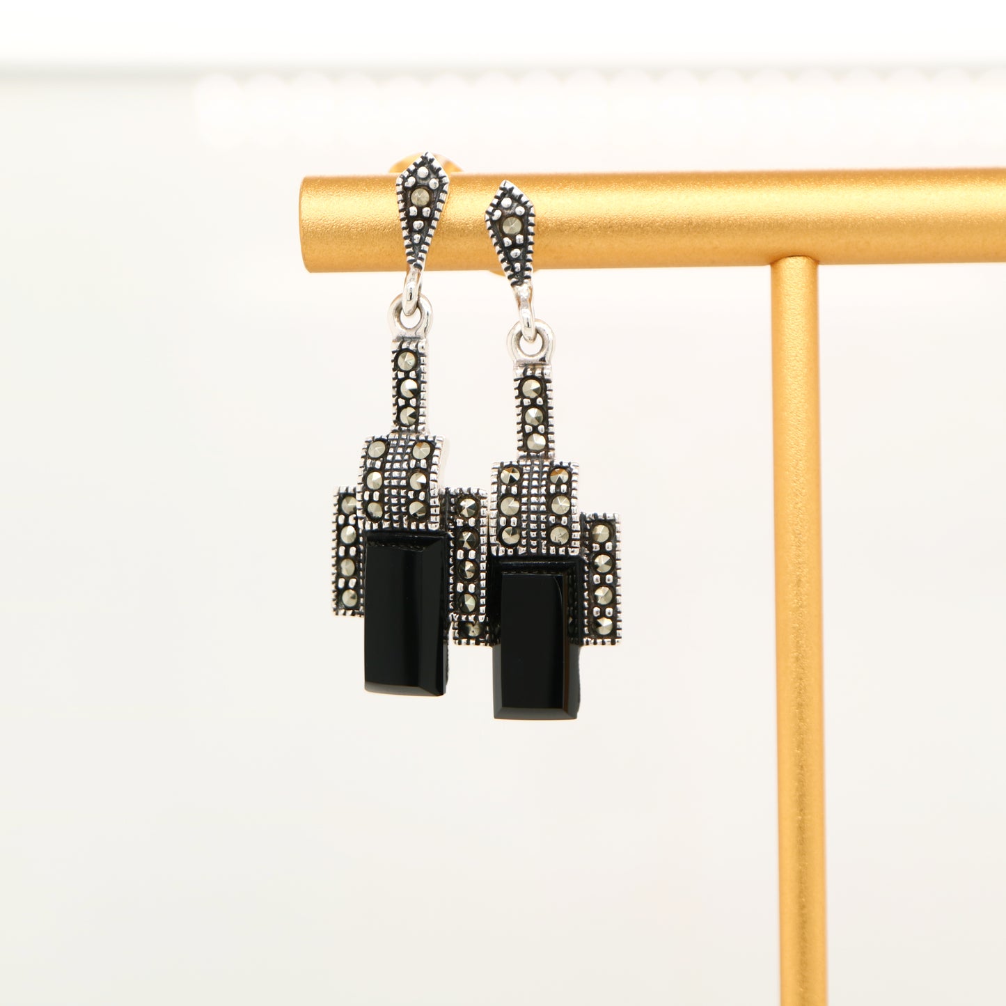 Art deco style drop earrings in black onyx, marcasite and sterling silver