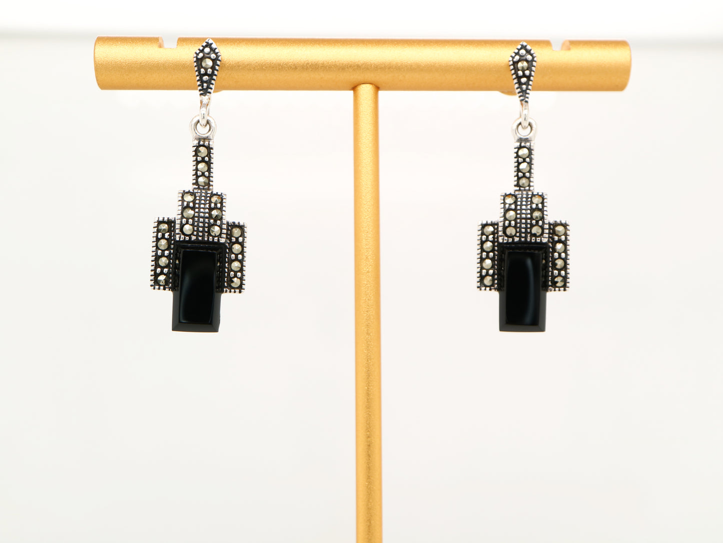 Art deco style drop earrings in black onyx, marcasite and sterling silver