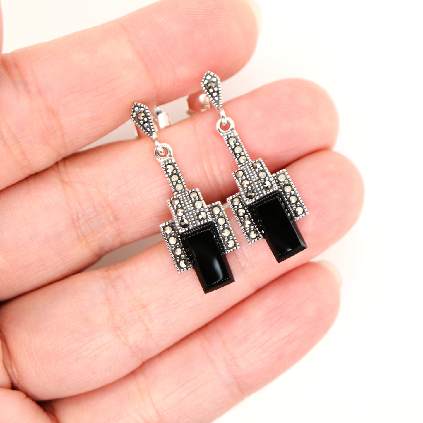 Art deco style drop earrings in black onyx, marcasite and sterling silver