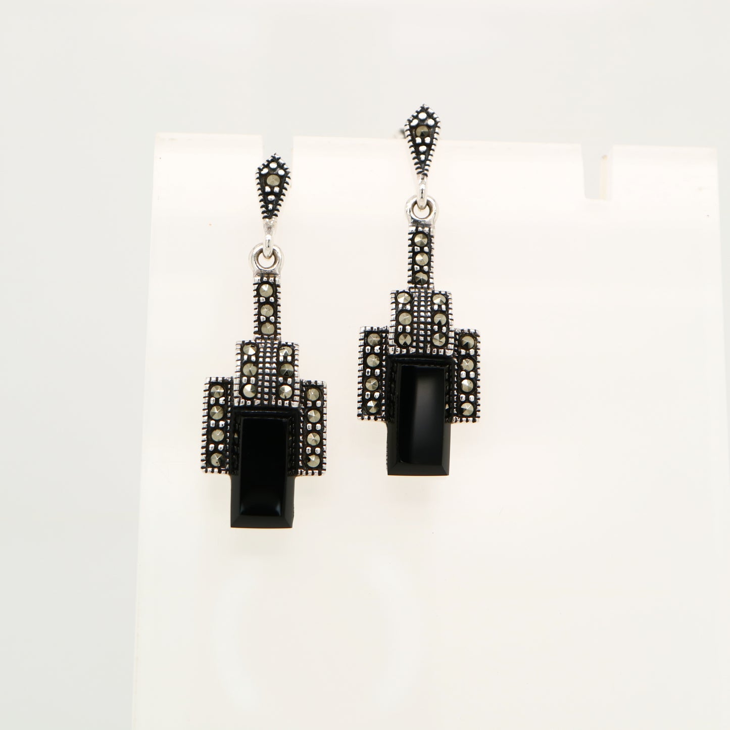 Art deco style drop earrings in black onyx, marcasite and sterling silver