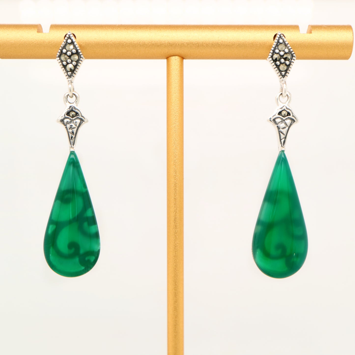 Art deco drop earrings with green agate drop, marcasite in sterling silver