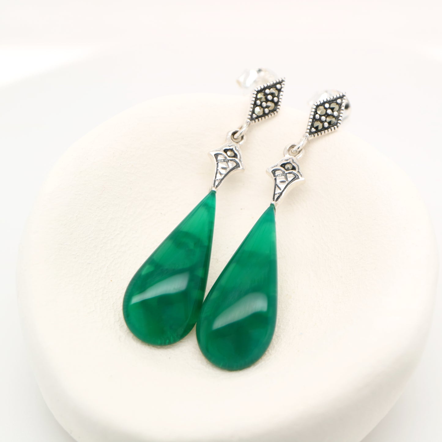 Art deco drop earrings with green agate drop, marcasite in sterling silver