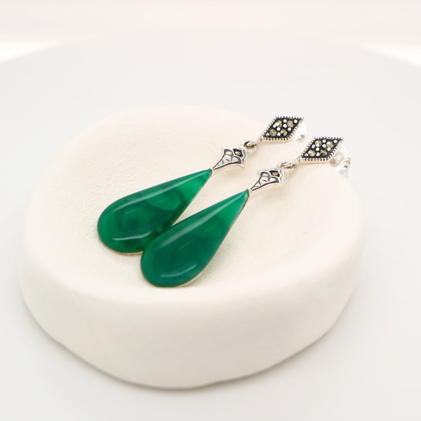 Art deco drop earrings with green agate drop, marcasite in sterling silver