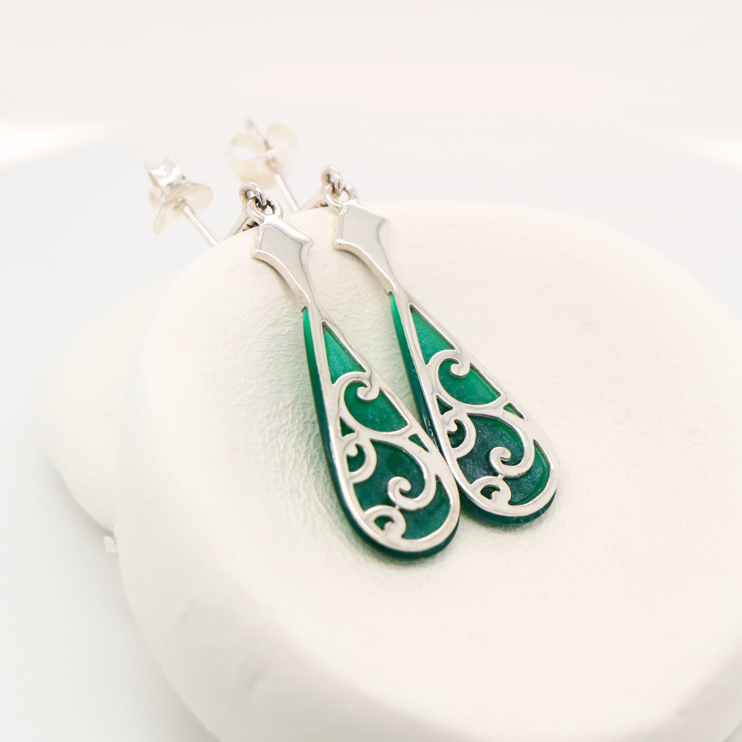 Art deco drop earrings with green agate drop, marcasite in sterling silver