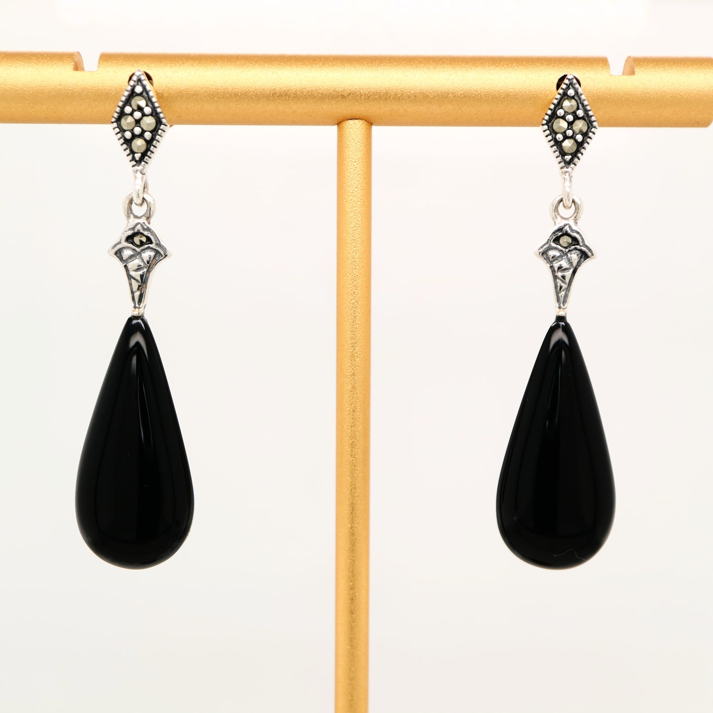 Art deco drop earrings with onyx drop, marcasite in sterling silver