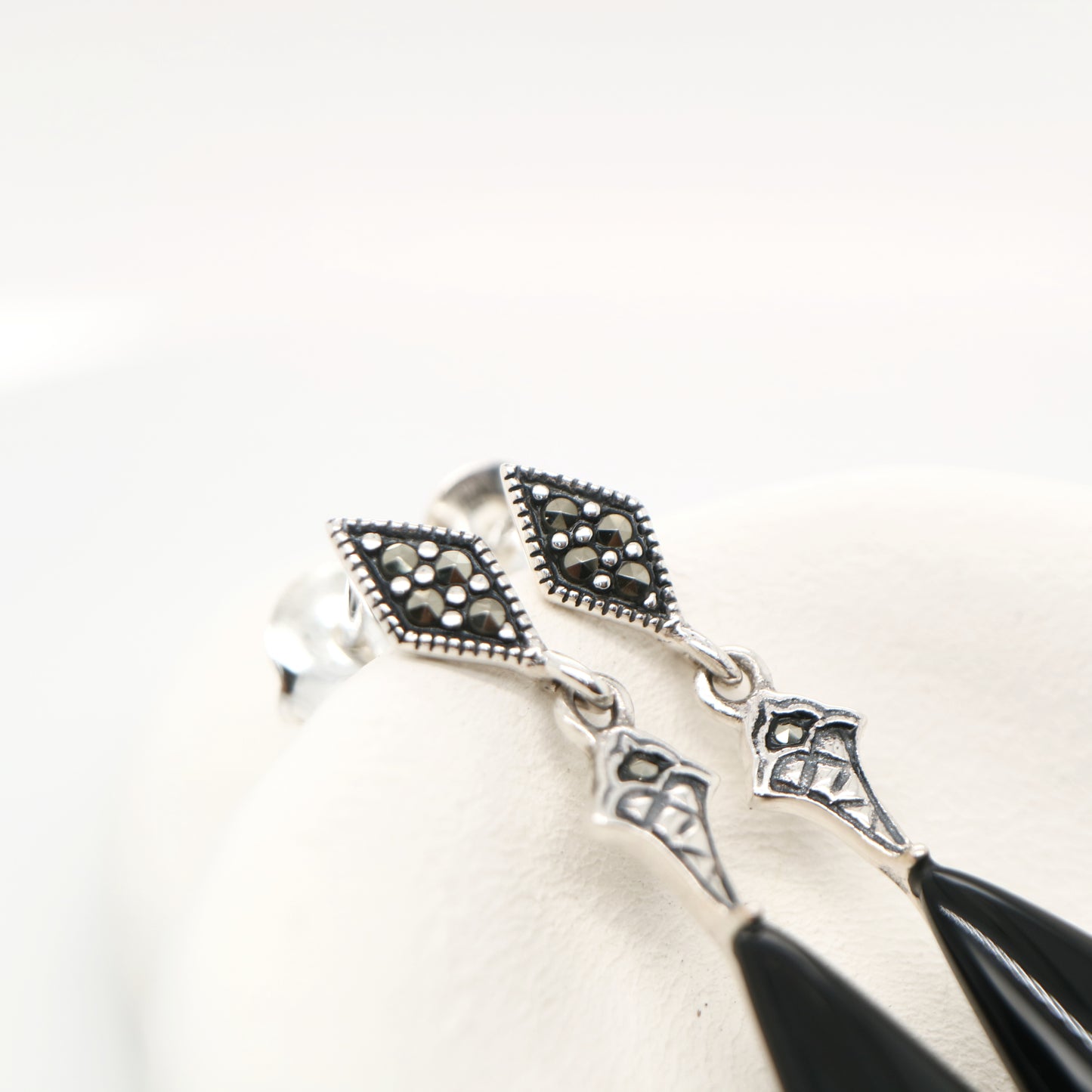 Art deco drop earrings with onyx drop, marcasite in sterling silver
