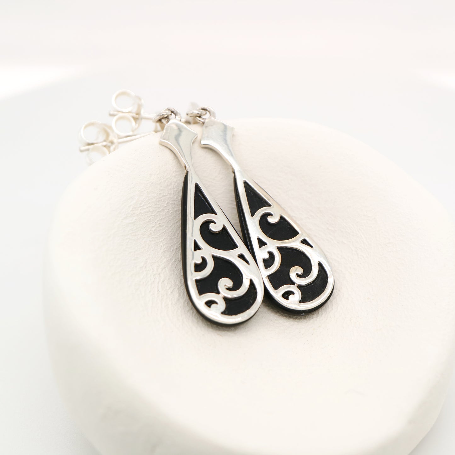 Art deco drop earrings with onyx drop, marcasite in sterling silver
