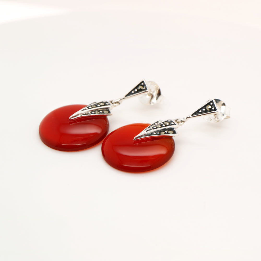 Art deco carnellian drop earrings with marcasite in sterling silver