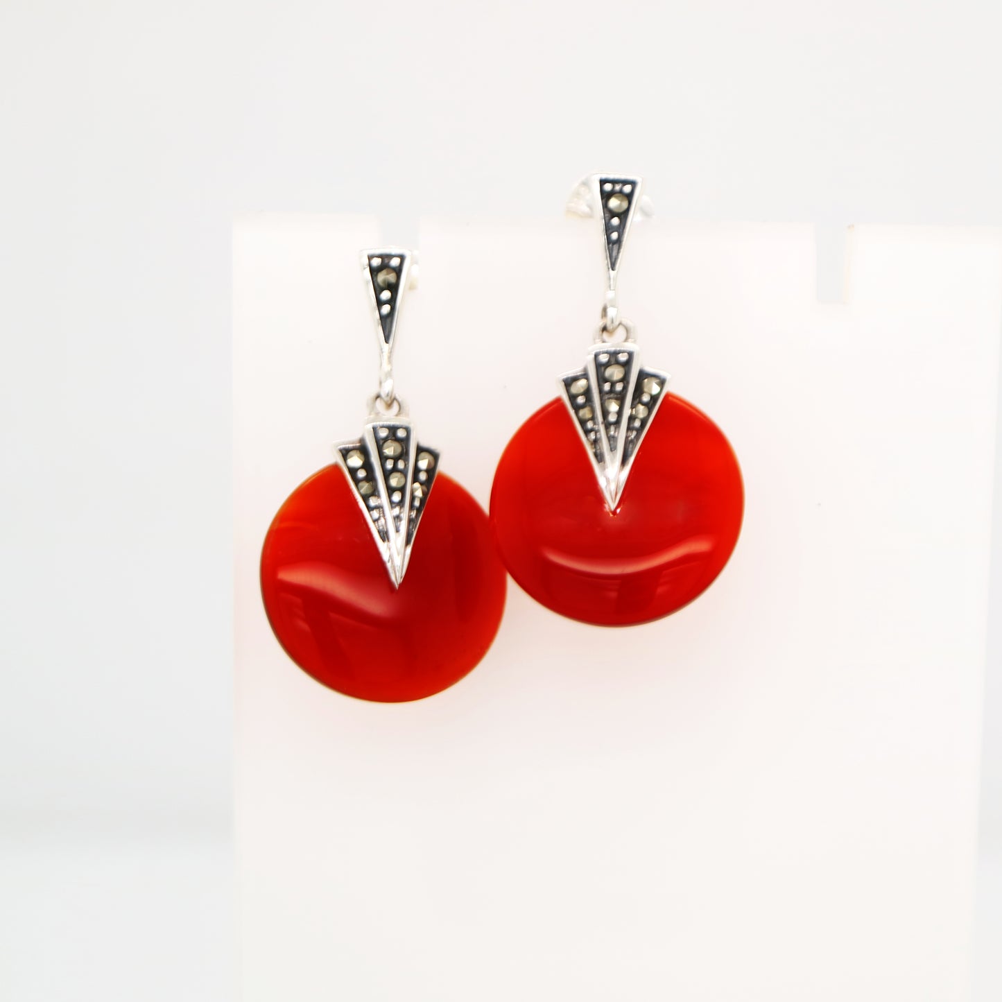 Art deco carnellian drop earrings with marcasite in sterling silver