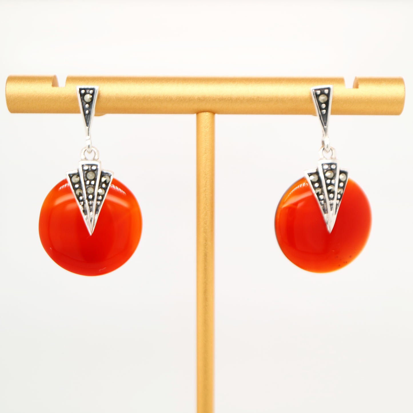 Art deco carnellian drop earrings with marcasite in sterling silver