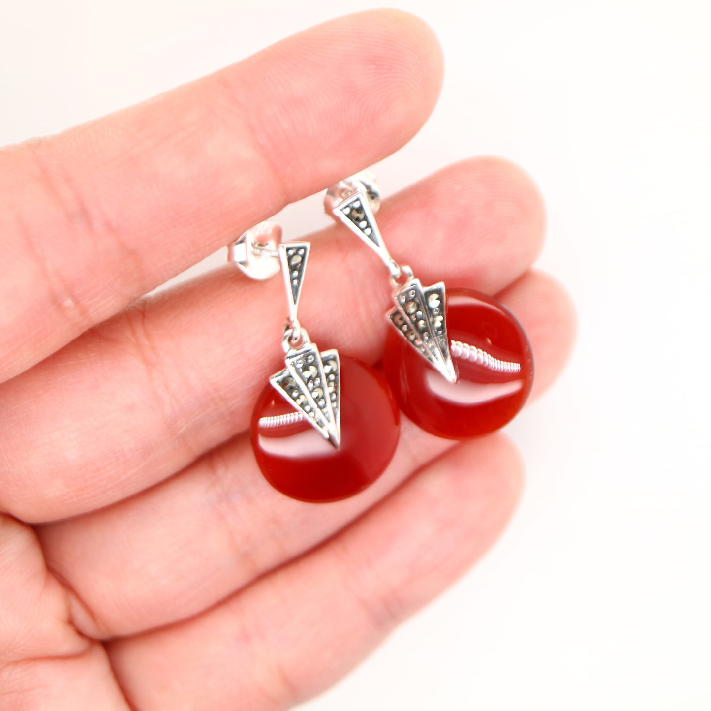 Art deco carnellian drop earrings with marcasite in sterling silver
