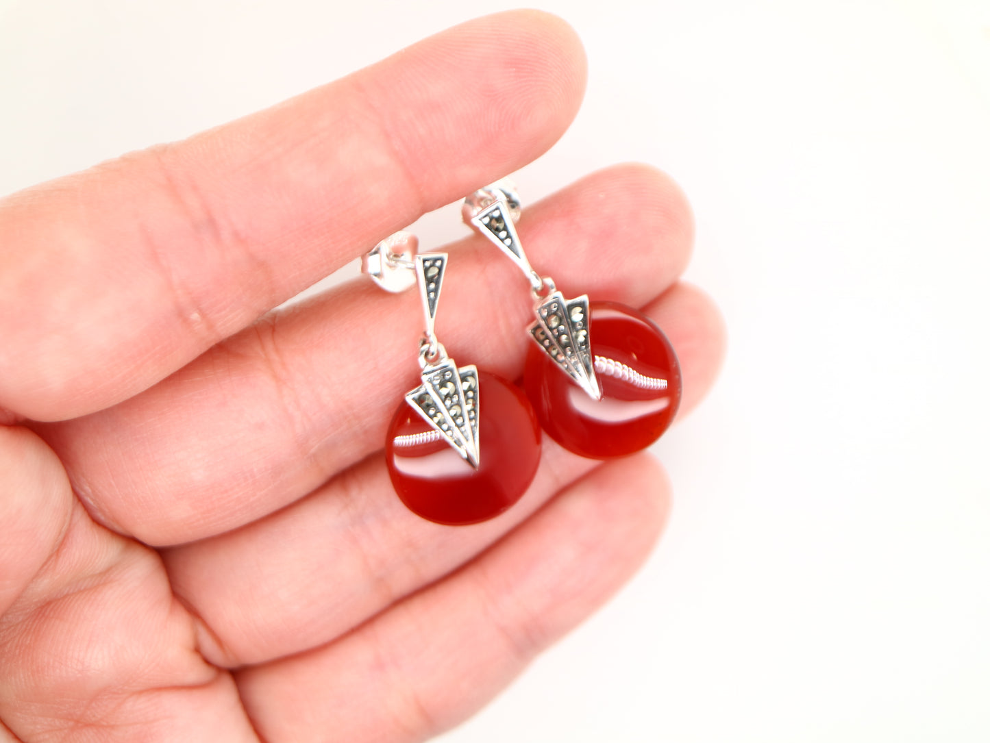 Art deco carnellian drop earrings with marcasite in sterling silver
