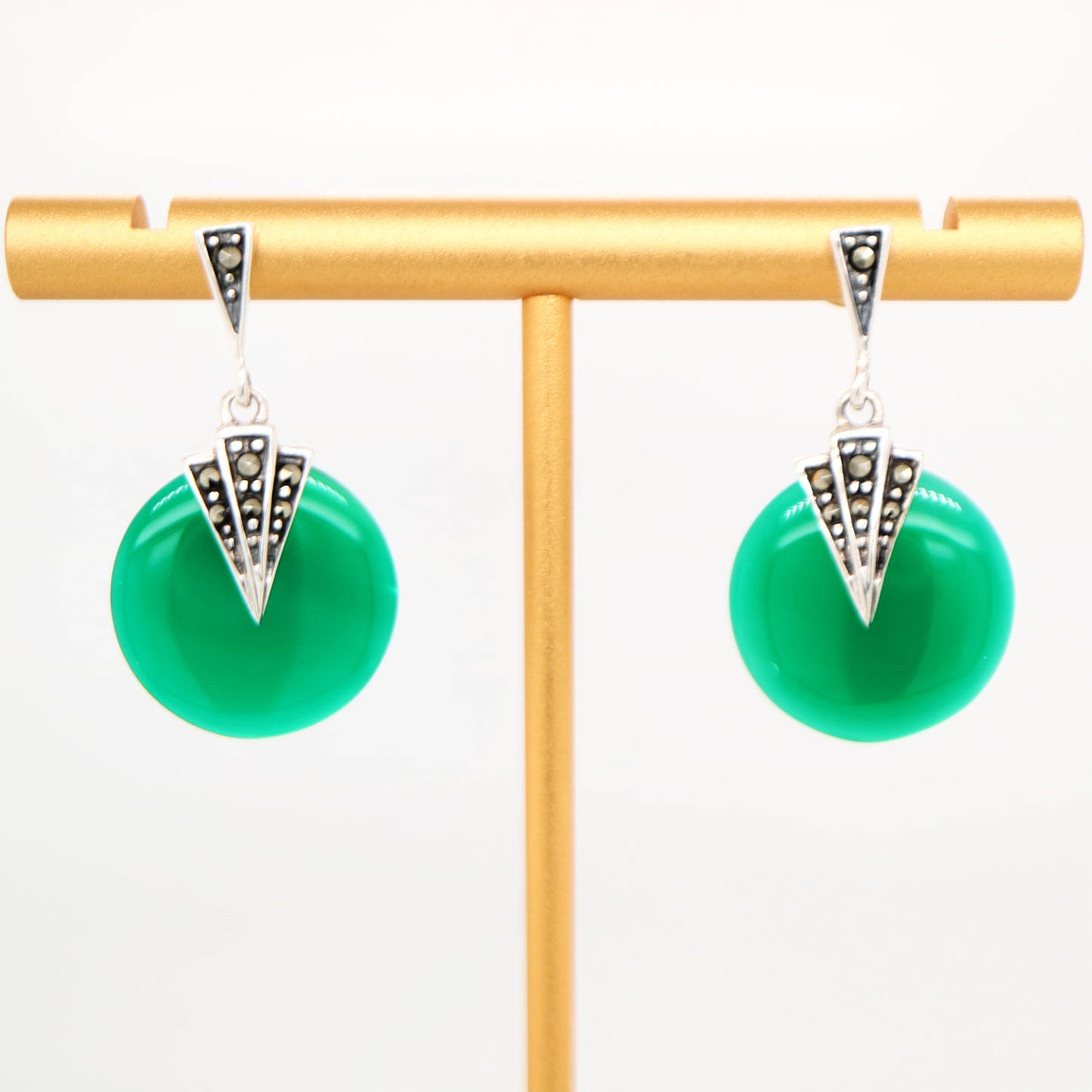 Art deco green agate drop earrings with marcasite in sterling silver