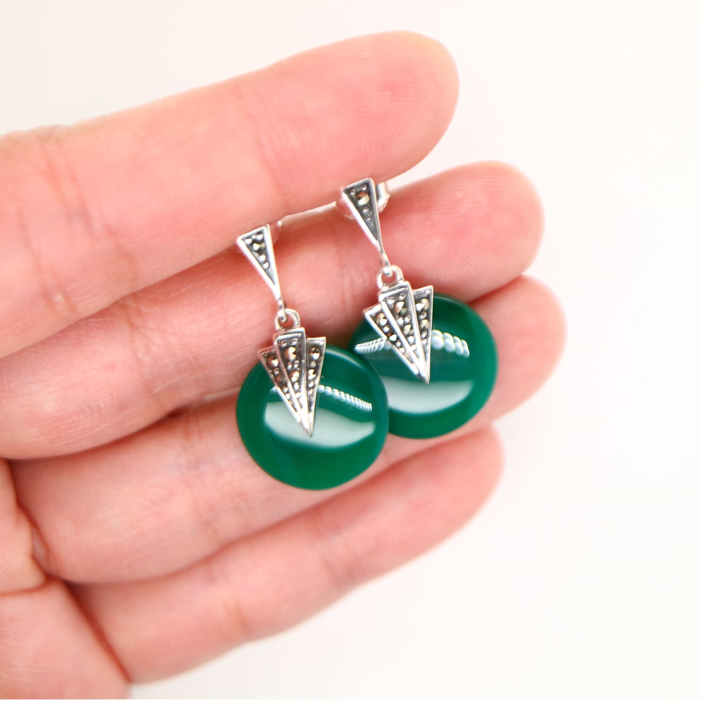 Art deco green agate drop earrings with marcasite in sterling silver