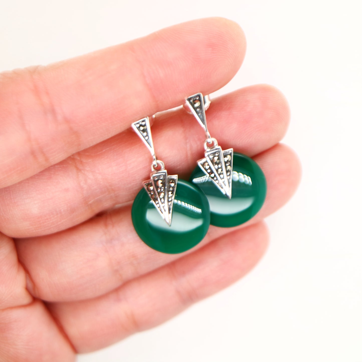 Art deco green agate drop earrings with marcasite in sterling silver