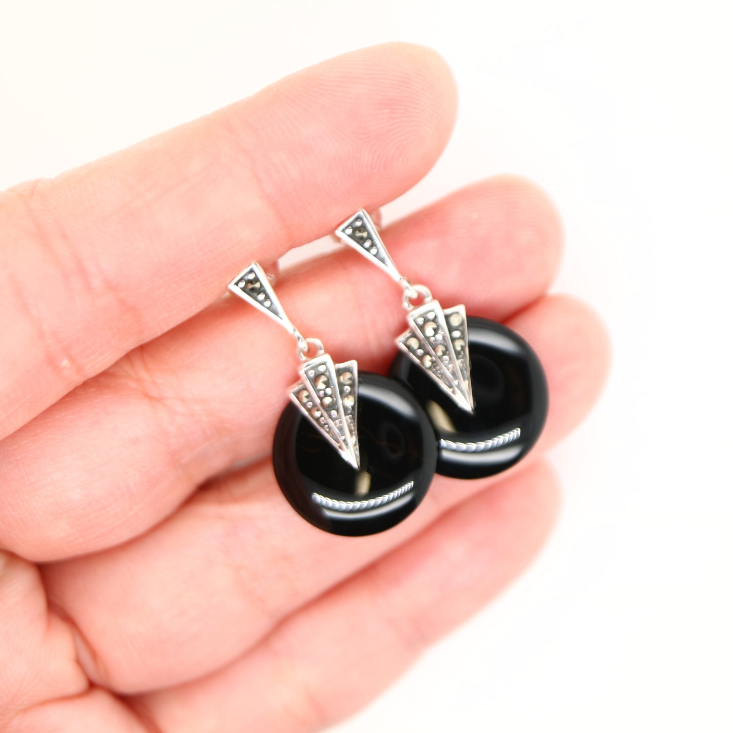 Art deco onyx drop earrings with marcasite in sterling silver