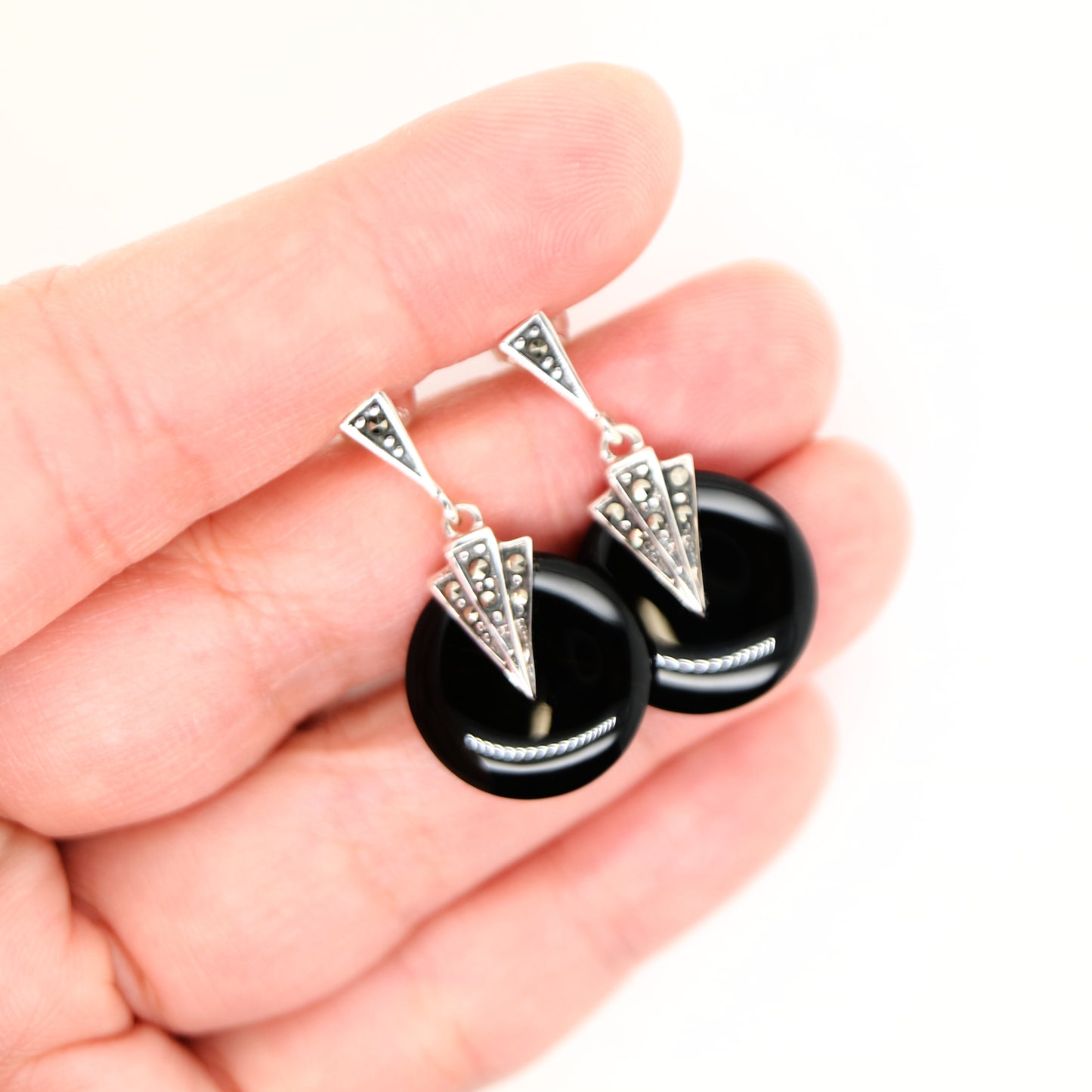 Art deco onyx drop earrings with marcasite in sterling silver