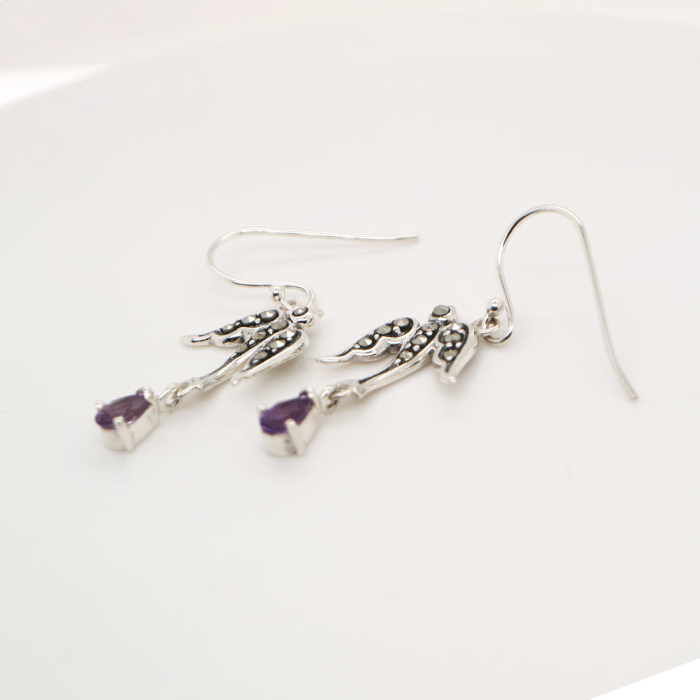 Swallow earrings with amethyst and marcasite in sterling silver
