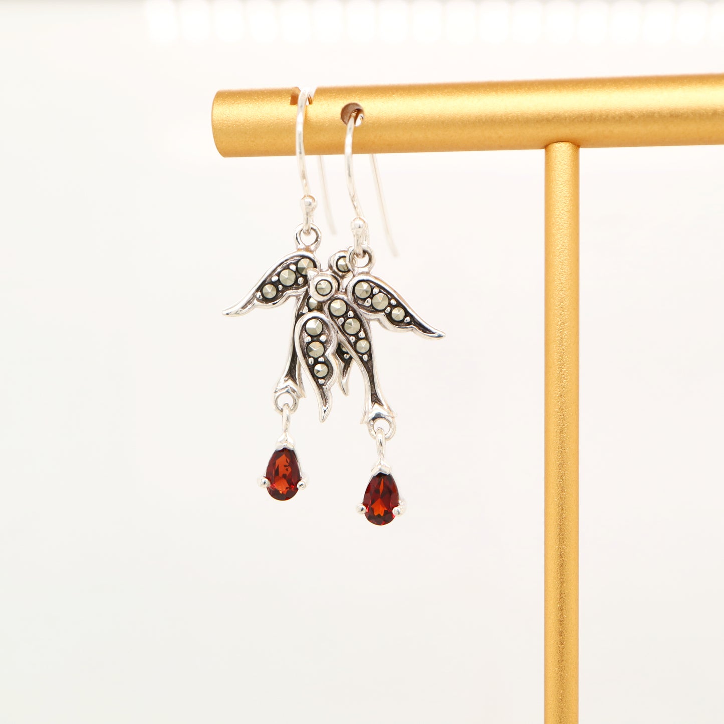 Swallow earrings with garnet and marcasite in sterling silver