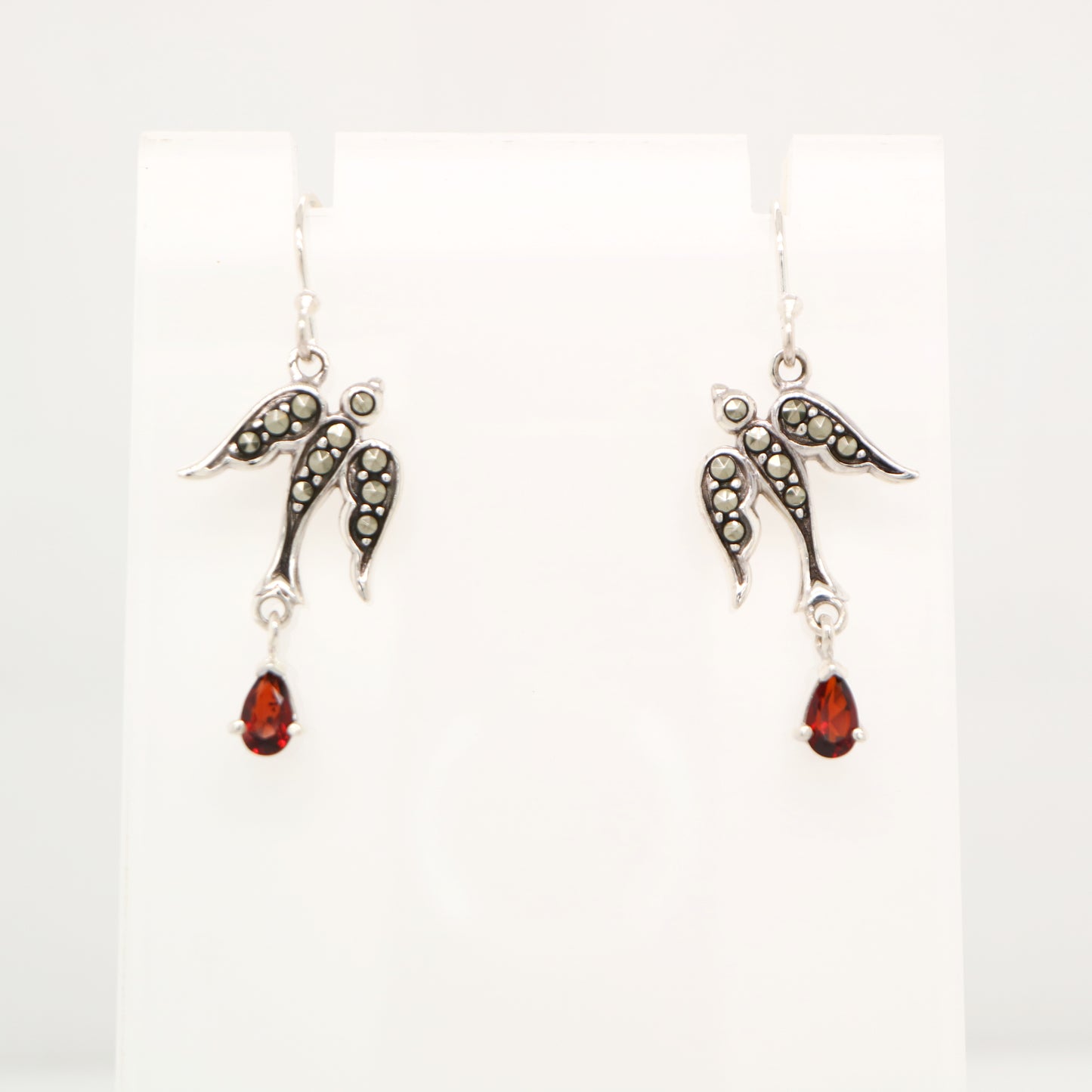 Swallow earrings with garnet and marcasite in sterling silver