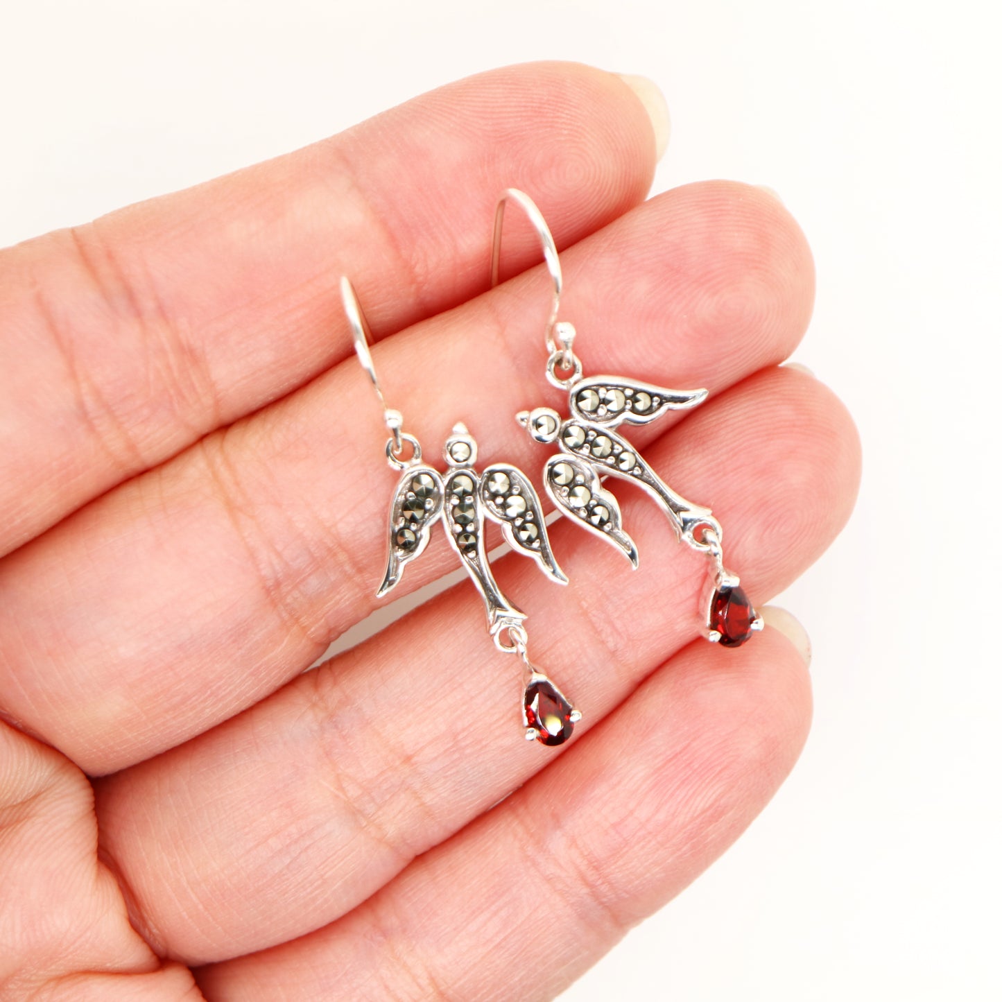 Swallow earrings with garnet and marcasite in sterling silver