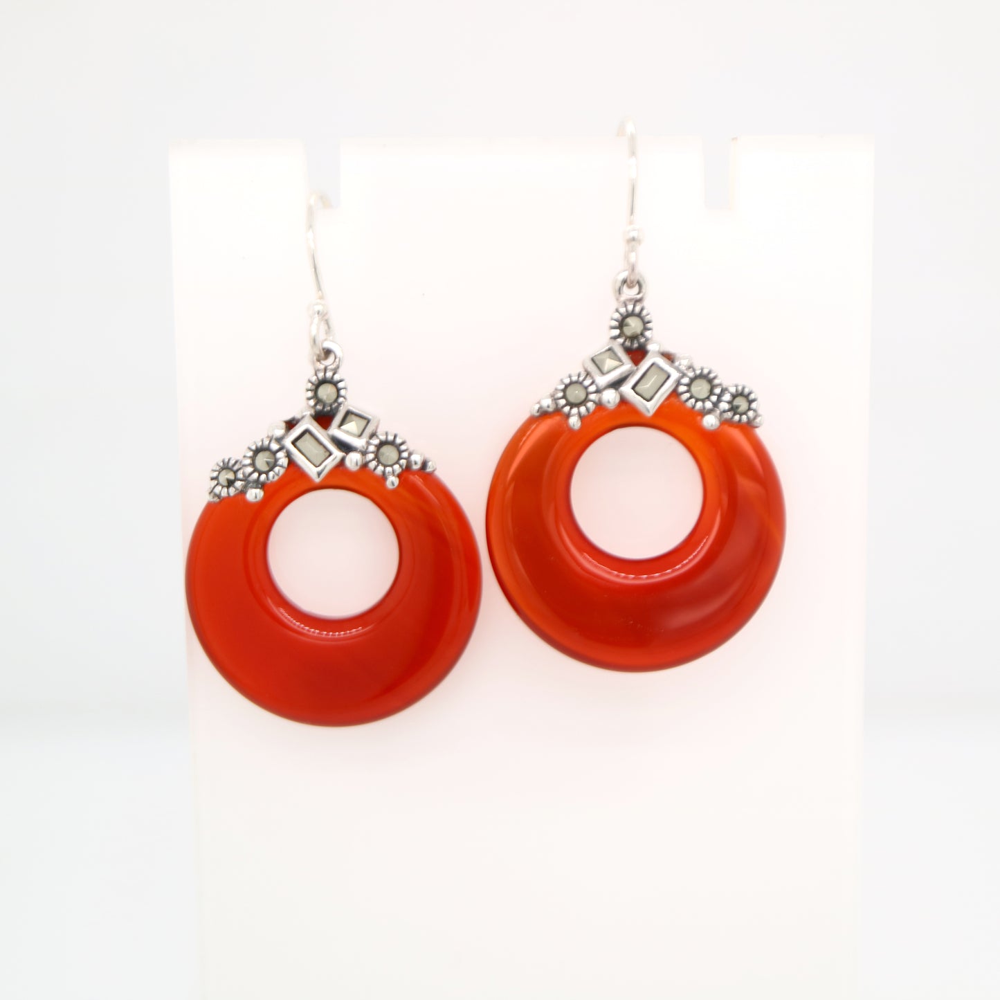 Art deco carnellian loop earrings with marcasite in sterling silver