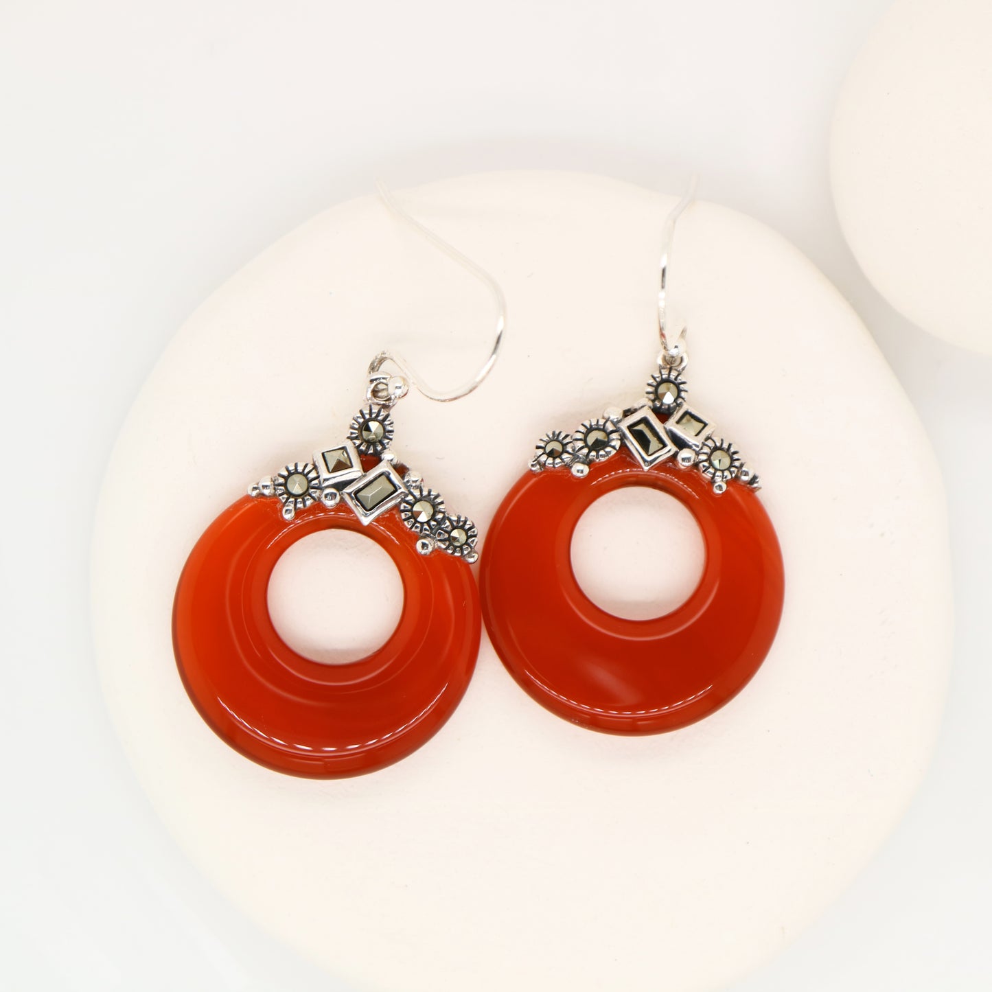 Art deco carnellian loop earrings with marcasite in sterling silver