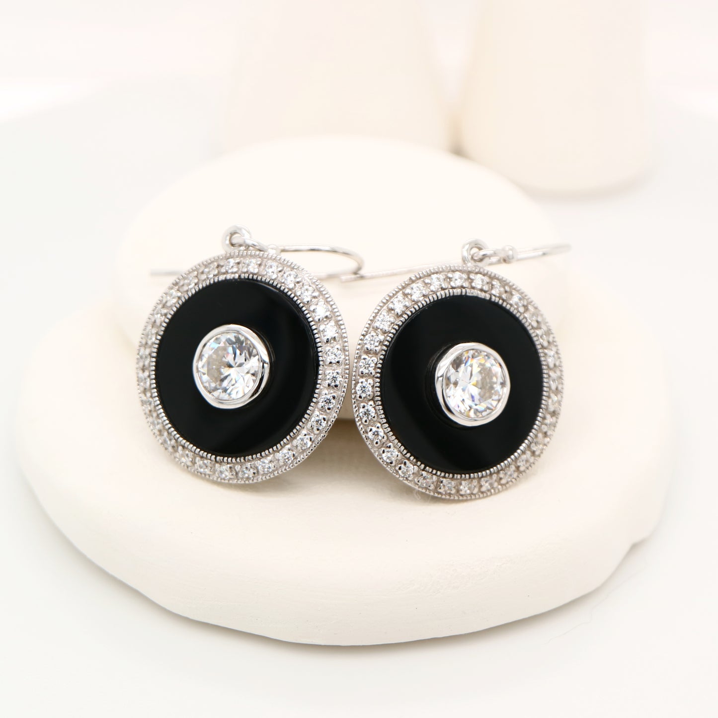 Art deco drop earrings with cz and onyx in sterling silver