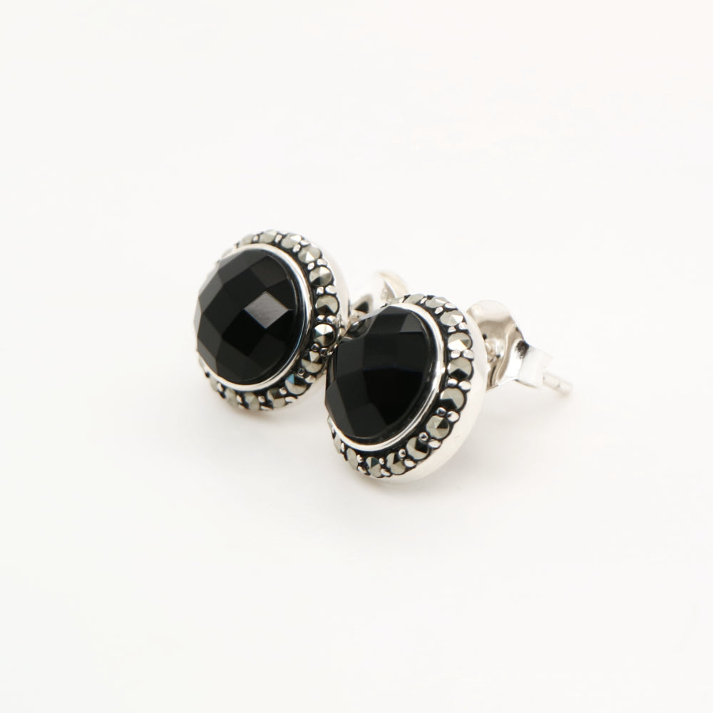 Stud earrings with Checkerboard cut black onyx, marcasite in sterling silver