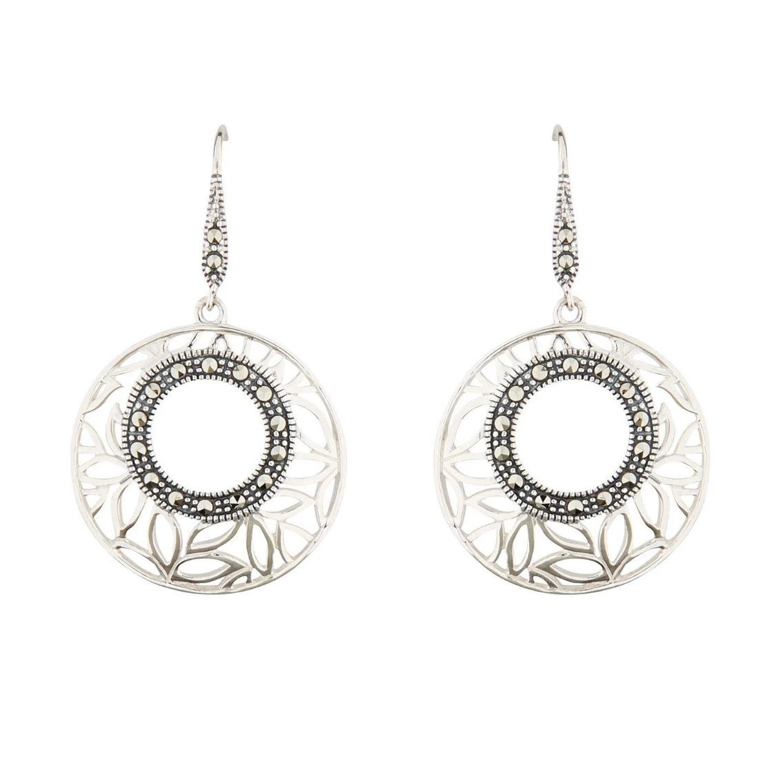 Art deco round drop earrings in marcasite in sterling silver