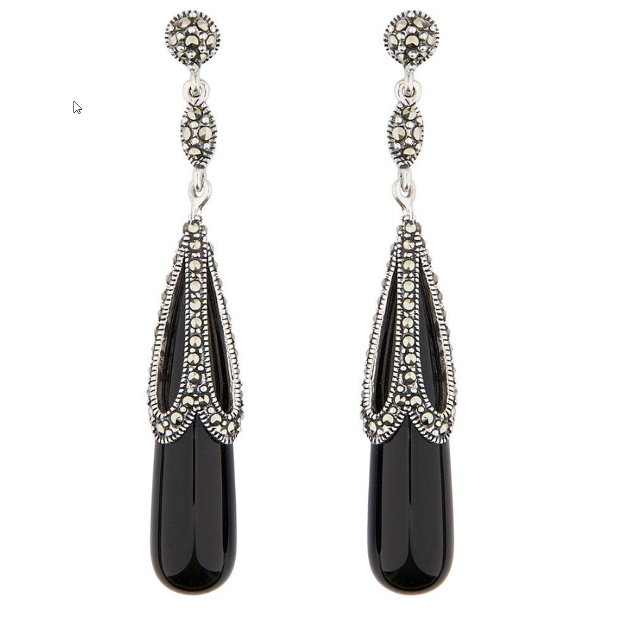 Art deco onyx drop earrings with marcasite in sterling silver