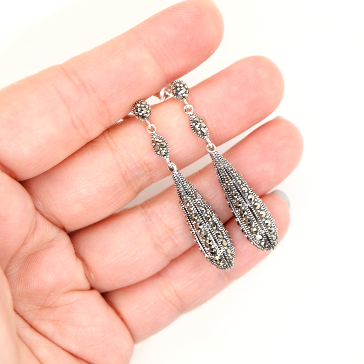 Art deco marcasite drop earrings in sterling silver