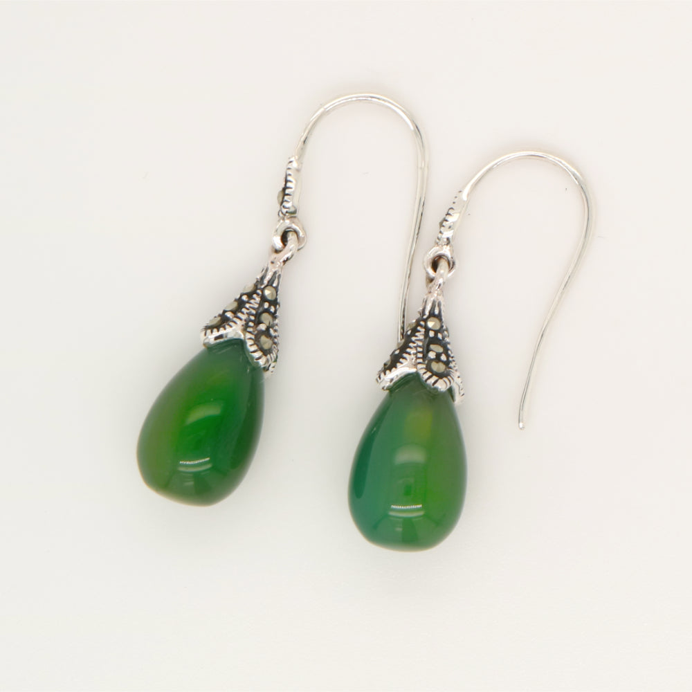 Green agate drop earrings with marcasite in sterling silver