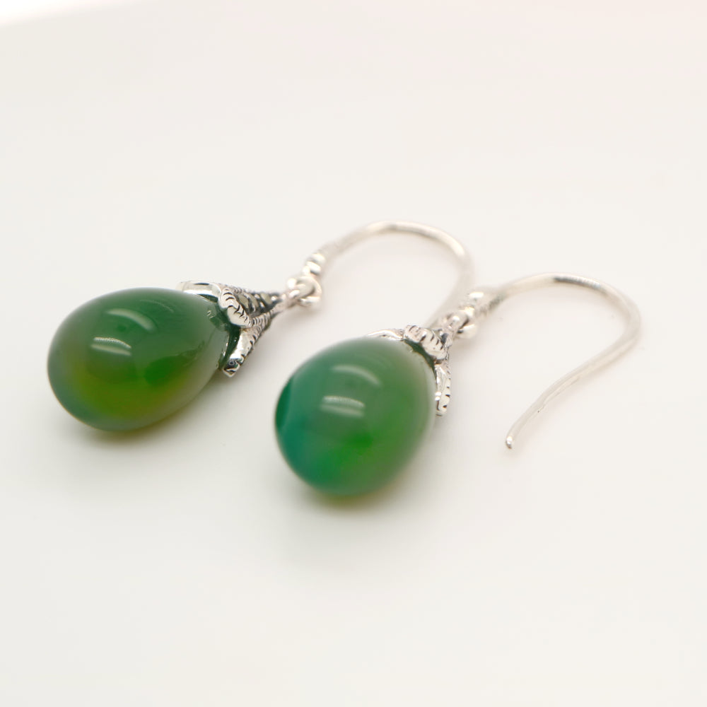 Green agate drop earrings with marcasite in sterling silver