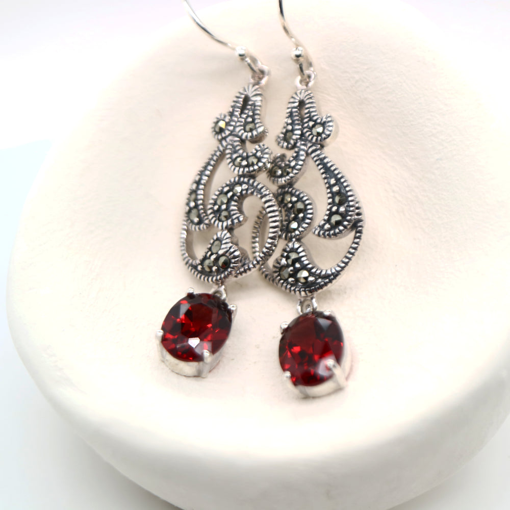 vintage vine drop earrings with Garnet and marcasite in sterling silver