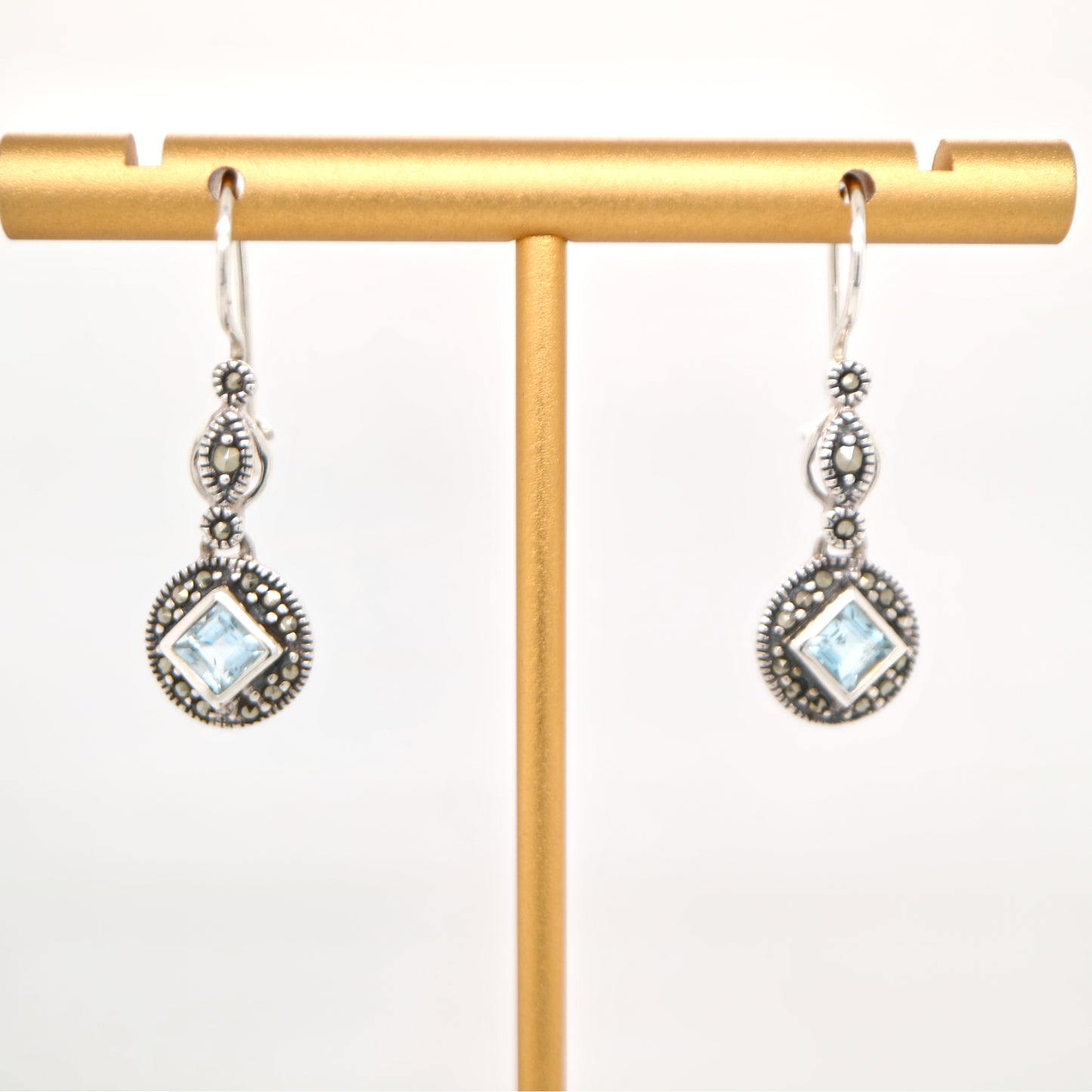 Art deco princess cut blue topaz drop earrings with marcasite in sterling silver