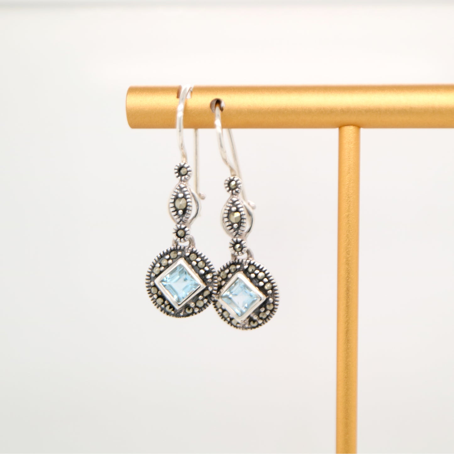 Art deco princess cut blue topaz drop earrings with marcasite in sterling silver