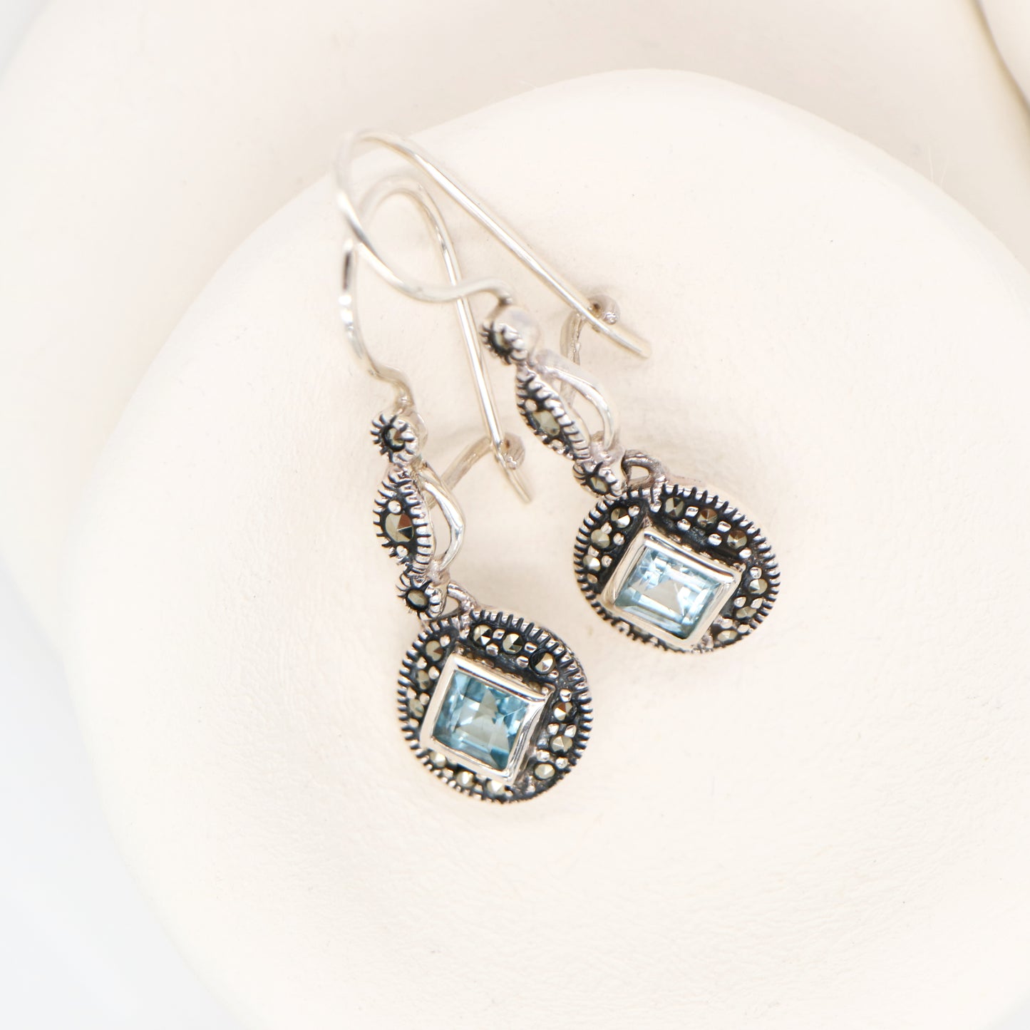 Art deco princess cut blue topaz drop earrings with marcasite in sterling silver