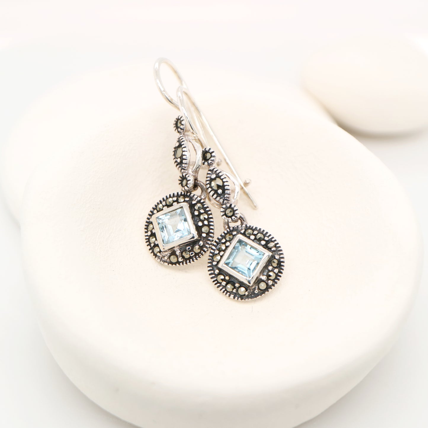 Art deco princess cut blue topaz drop earrings with marcasite in sterling silver
