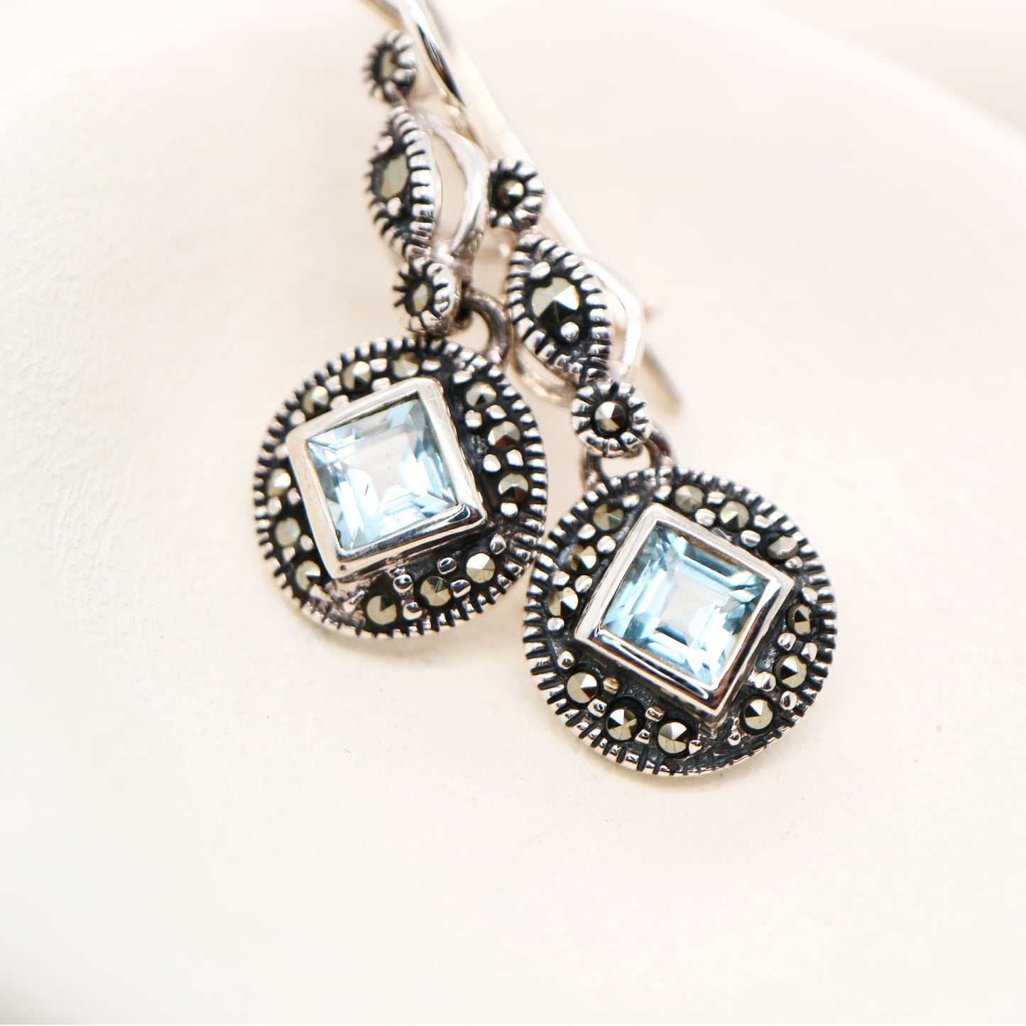 Art deco princess cut blue topaz drop earrings with marcasite in sterling silver
