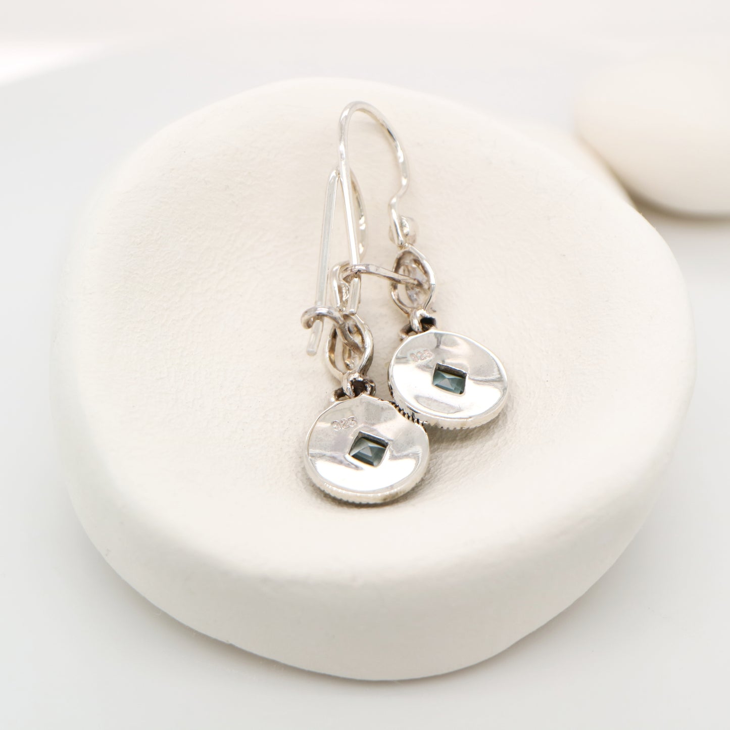 Art deco princess cut blue topaz drop earrings with marcasite in sterling silver