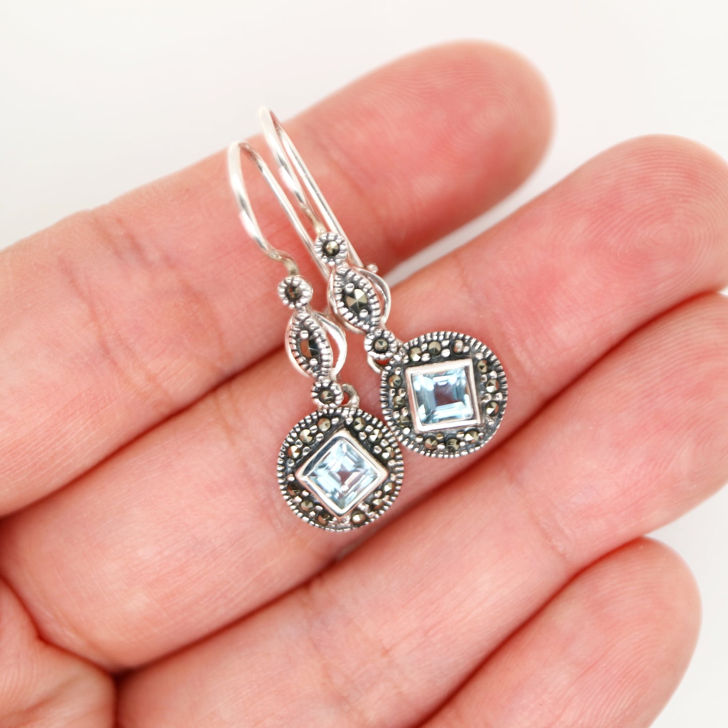 Art deco princess cut blue topaz drop earrings with marcasite in sterling silver