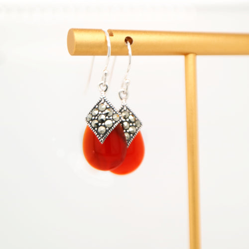 Art deco dangle earrings with carnellian and marcasite in sterling silver