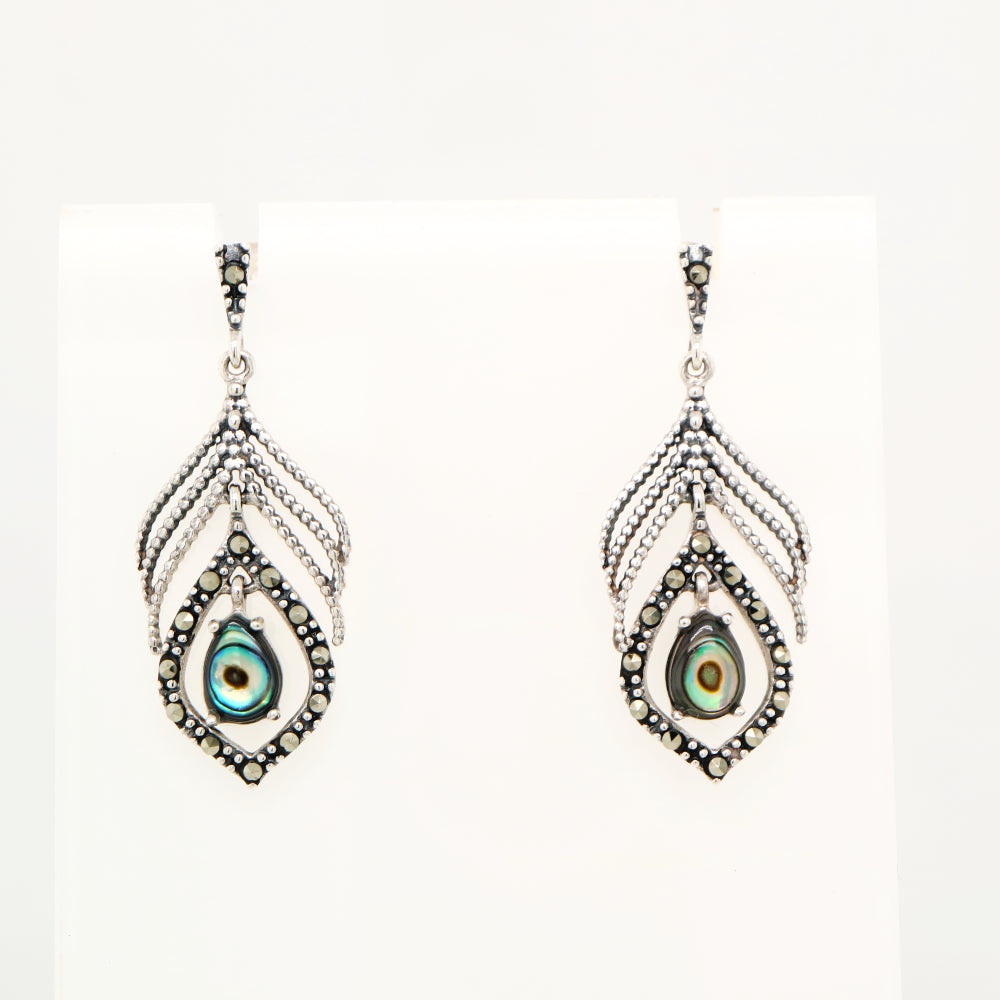 Peacock feather earring with abalone shell and marcasite in sterling silver