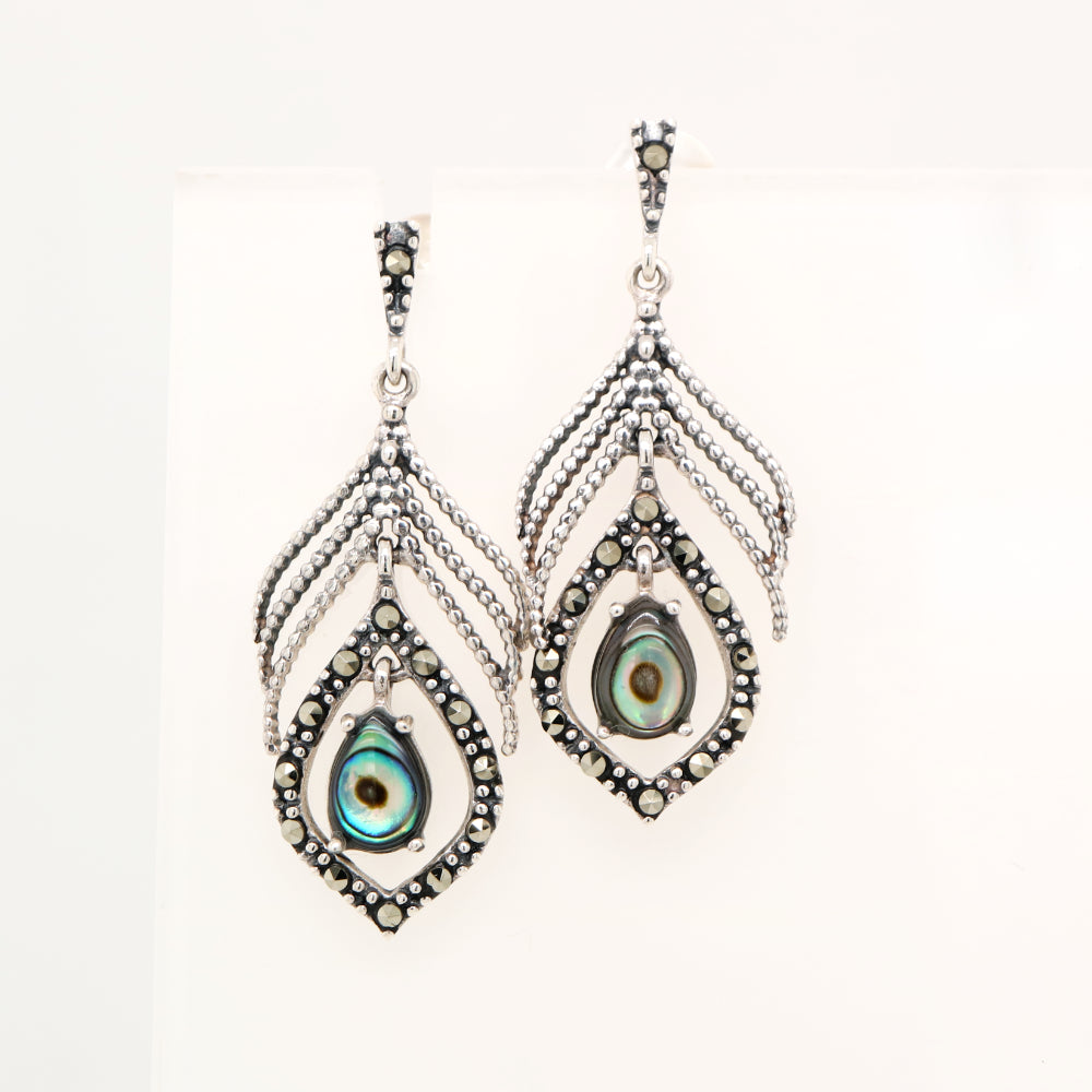Peacock feather earring with abalone shell and marcasite in sterling silver