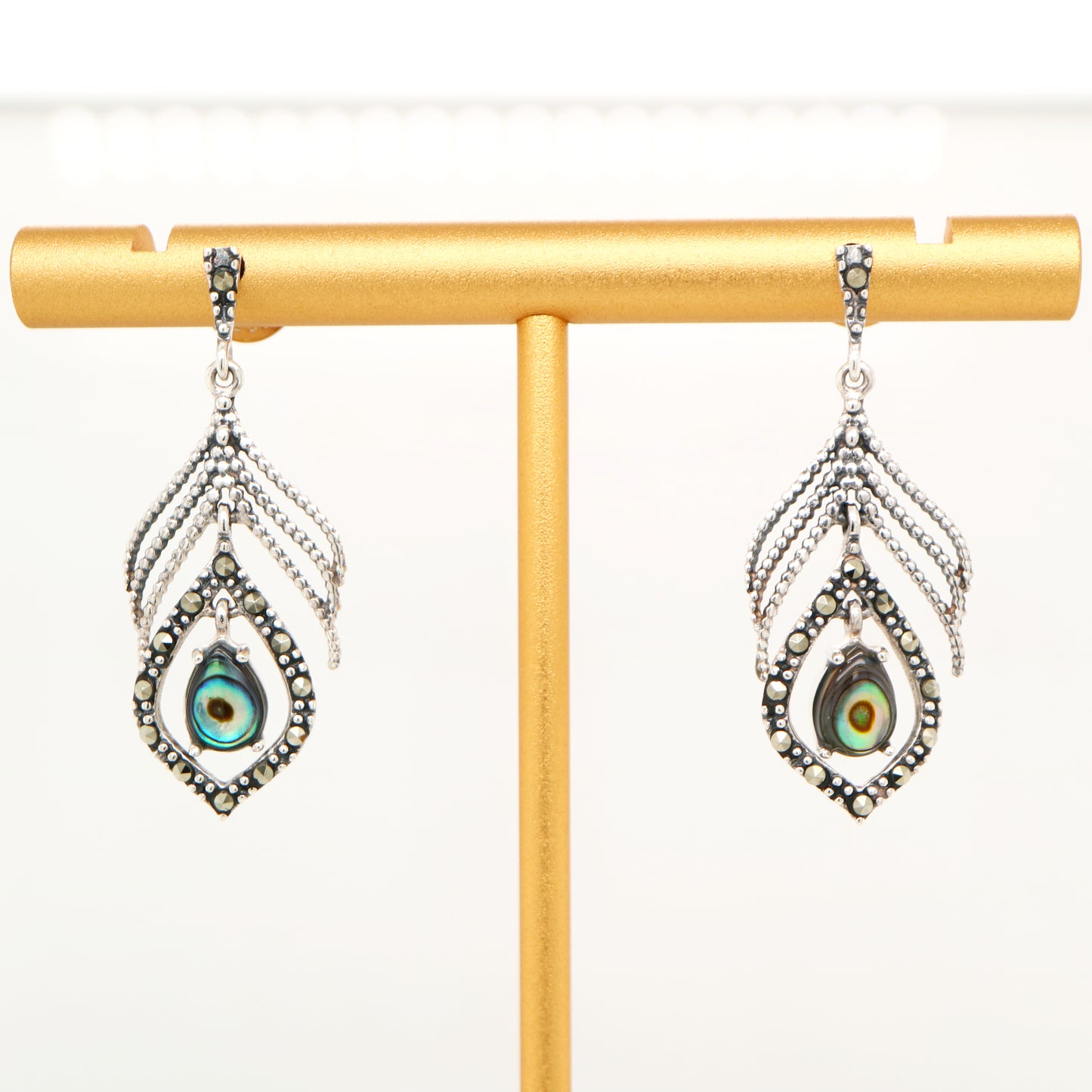 Peacock feather earring with abalone shell and marcasite in sterling silver