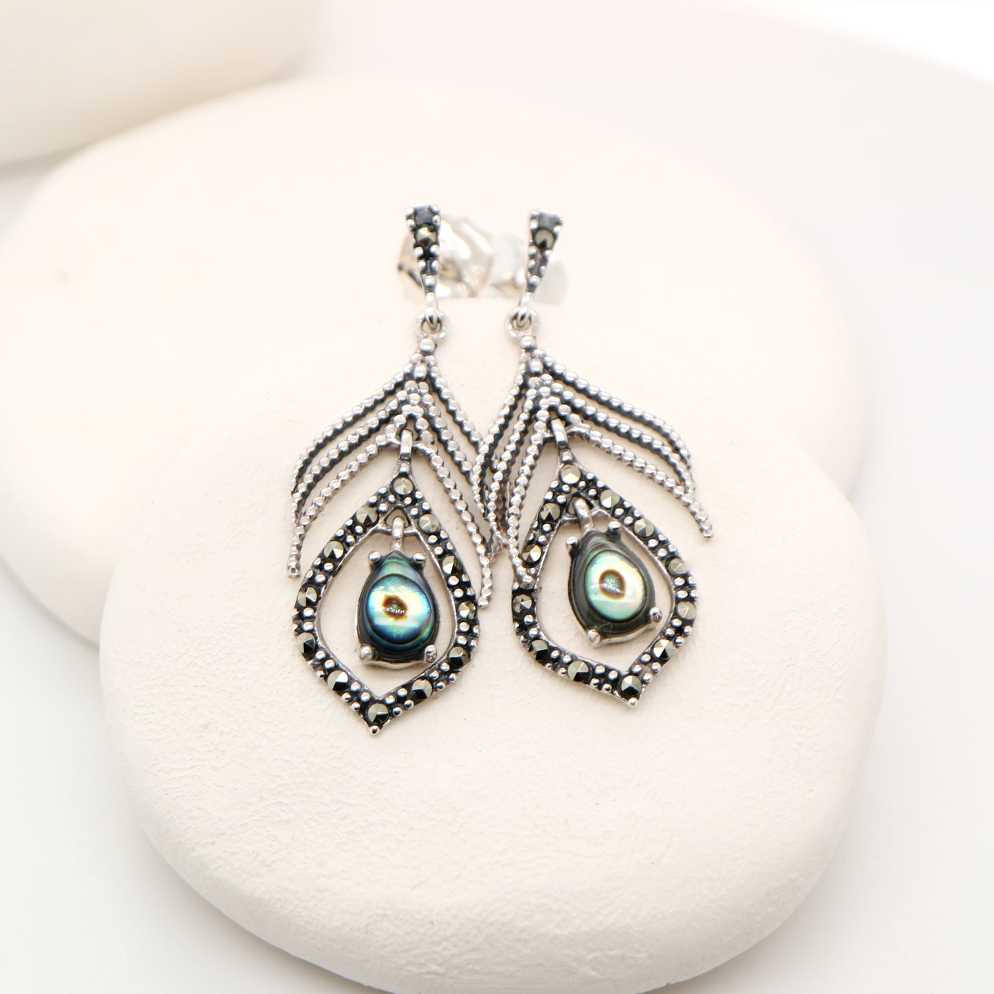 Peacock feather earring with abalone shell and marcasite in sterling silver
