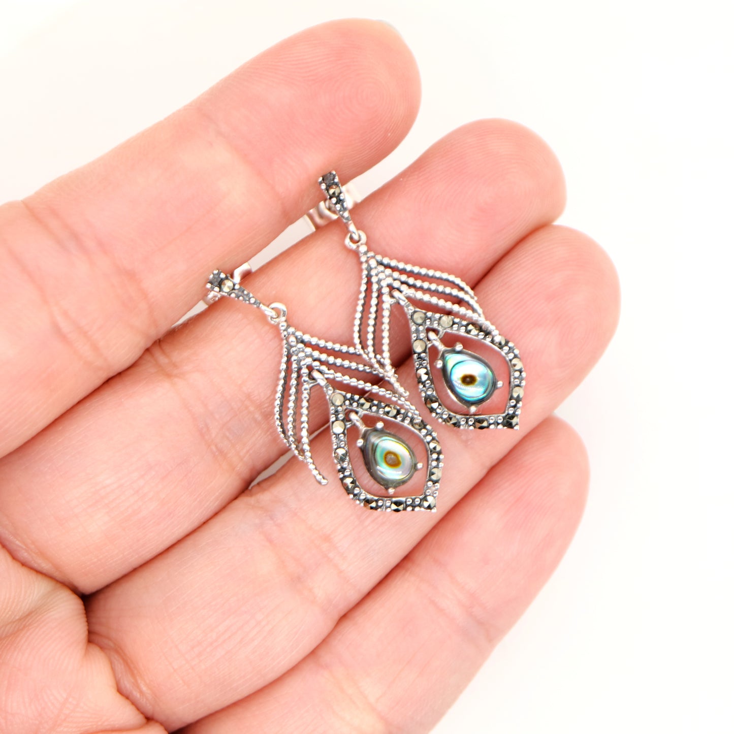 Peacock feather earring with abalone shell and marcasite in sterling silver