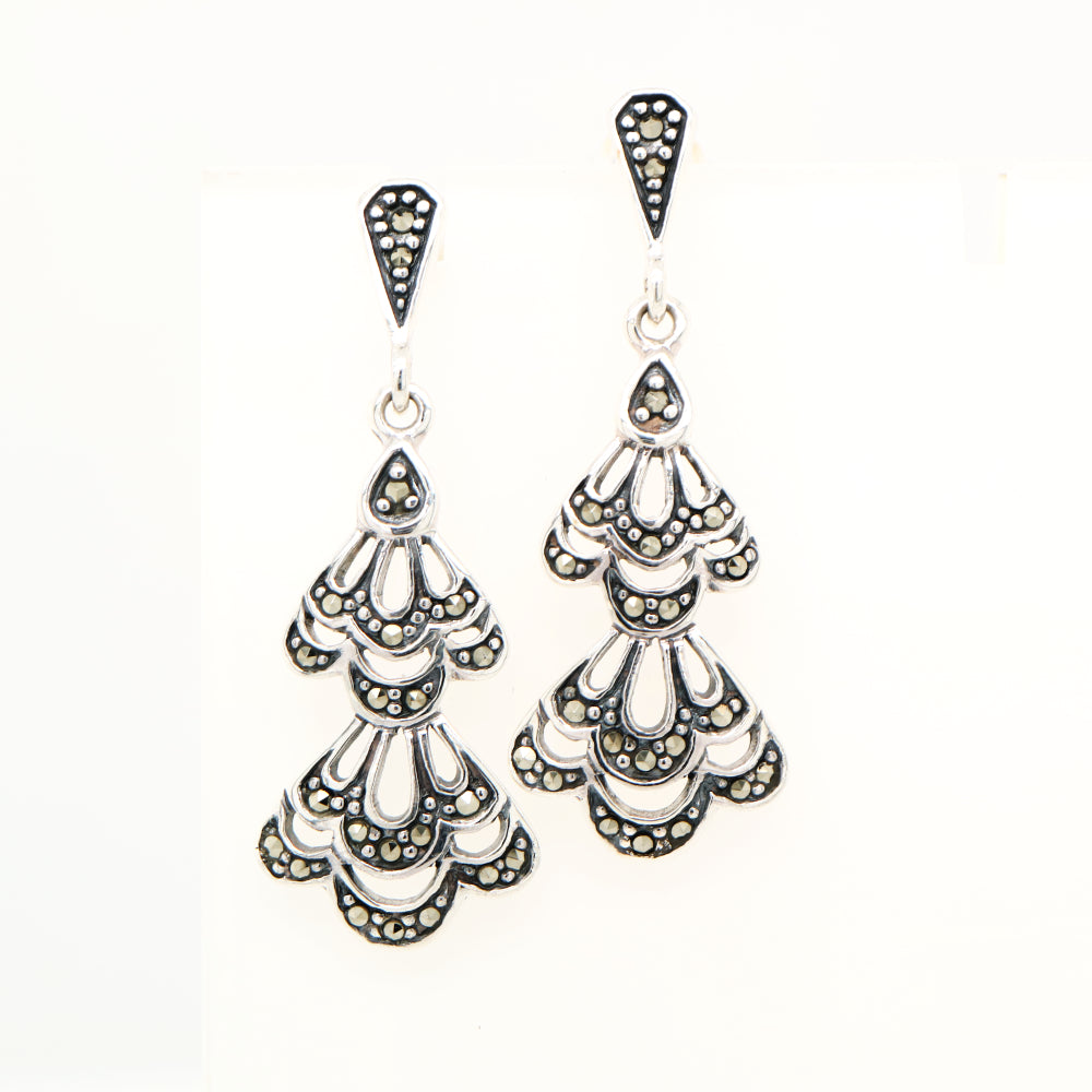 Floral drop earrings with marcasite in sterling silver