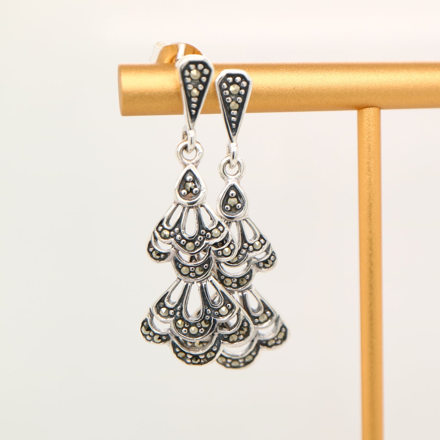 Floral drop earrings with marcasite in sterling silver
